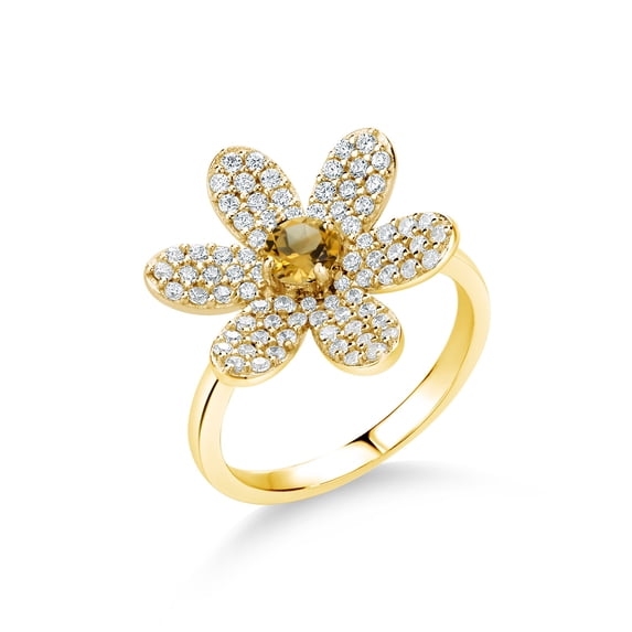 Gem Stone King Yellow Citrine Keren Hanan ART 18K Yellow Gold Plated Silver Women Flower Ring (1.50 Ct Round Available in Size 5, 6, 7, 8, 9)