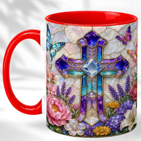 Gem Style Floral Cross Coffee Mug, Butterfly Faith Mug, Ceramic 11 oz
