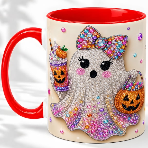 Gem Style Ghost Accent Mug, 11oz Ceramic Coffee Cup for Halloween