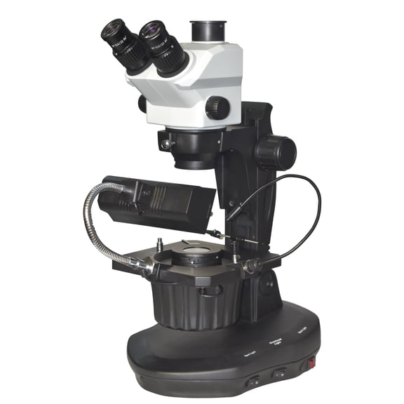 Gem Testing Darkfield Zoom Stereo Microscope 7–100×, 1:9 Zoom Ratio, 115 mm Working Distance, Dual LED Light, Gem Clamp – Diamond & Gemstone Clarity Inspection
