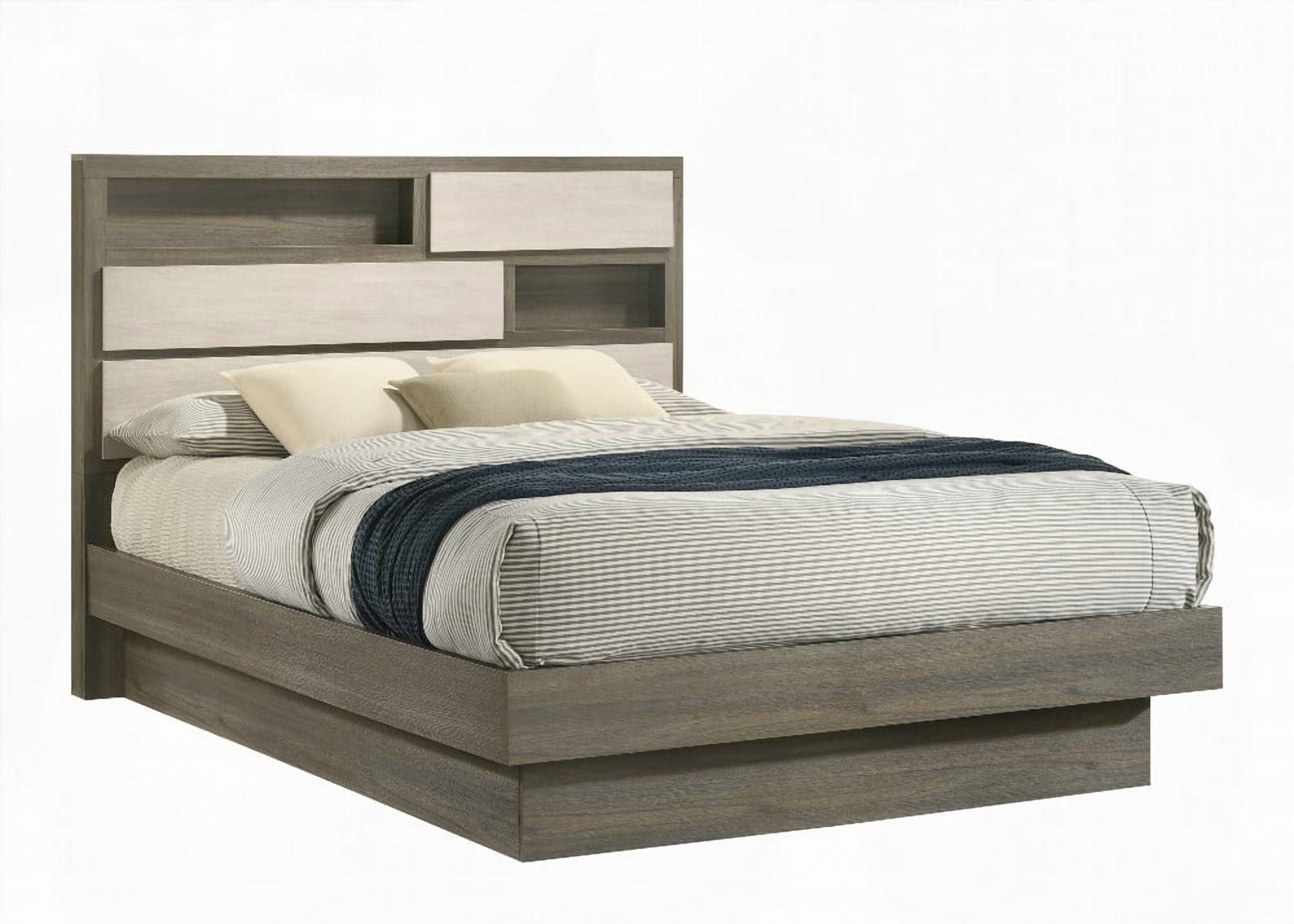 Modern King Bed Made of Wood in Beige & Brown with Two-Tone Headboard