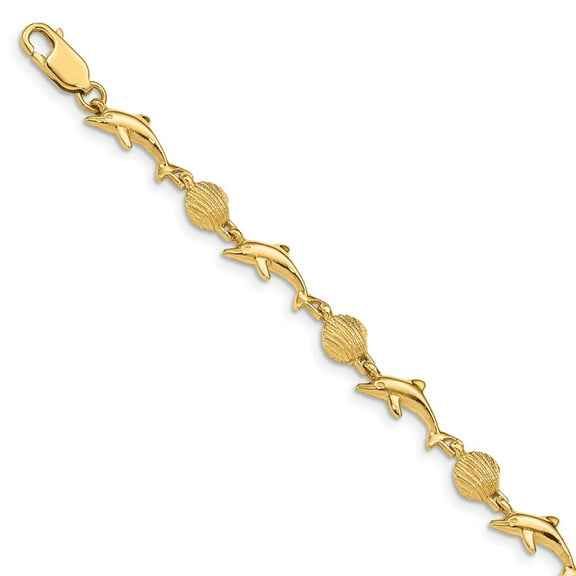 GemApex Dolphin and Shell Bracelet w/ Yellow Gold and Lock Gift Box, 7"