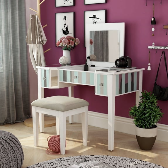 Gema Solid Wood 2-Piece Makeup Vanity Set with Mirror, White