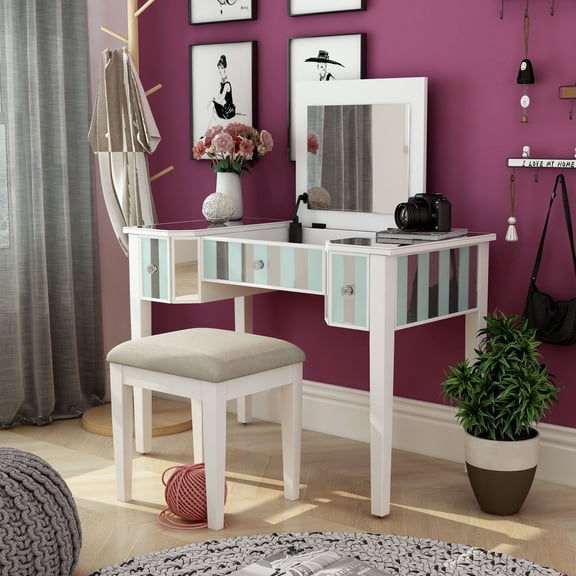 Gema Solid Wood 2-Piece Makeup Vanity Set with Mirror, White