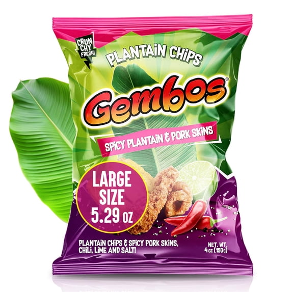 Gembos Spicy Plantain & Pork Skins Chips, Chili Lime, 4 oz Bags, 1 Pack