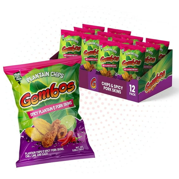 Gembos Spicy Plantain & Pork Skins Chips, Chili Lime, 4 oz Bags, 12 Pack