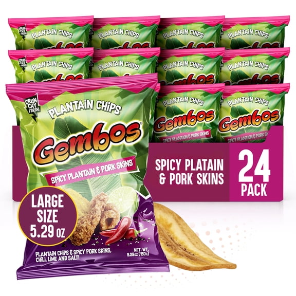 Gembos Spicy Plantain & Pork Skins Chips, Chili Lime, 4 oz Bags, 24 Pack