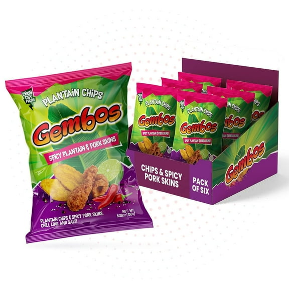 Gembos Spicy Plantain & Pork Skins Chips, Chili Lime, 4 oz Bags, 6 Pack