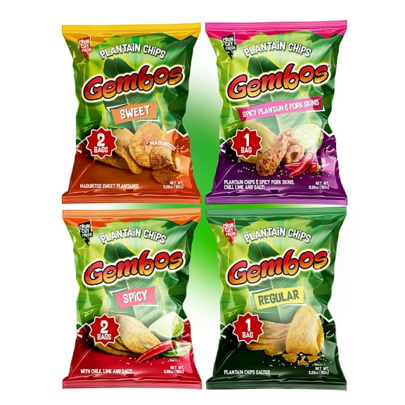 Gembos Variety Pack: Spicy, Sweet Maduritos, Pork Skins, 4 oz, 6 Pack