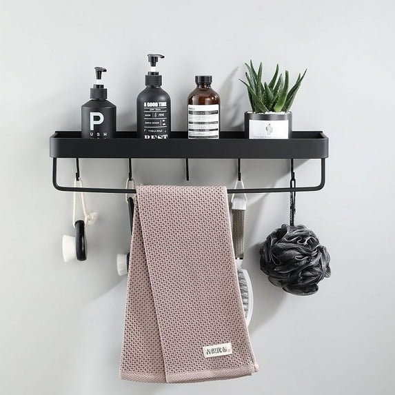 Gemdeck Bathroom Shelves 16Inch Towel Rack Metal Black Floating Shelf Wall Mount with Towel Bar and Hooks