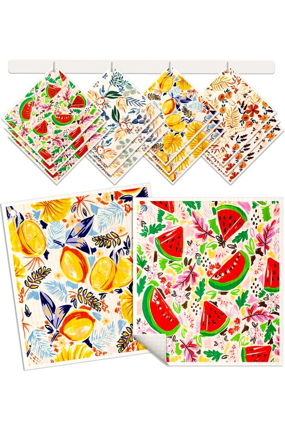 12 Pack Kitchen Reusable Swedish Dishcloths Absorbent, Fast Drying, Washable Swedish Towels with Cute Pattern,Fruit Flower