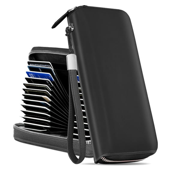 Gemfits 24 Slots Credit Card Holders Wallets Women Females Long Genuine Leather RFID Large Cash Zipper Clutch Wallet Zip Accordion Organizer,Black