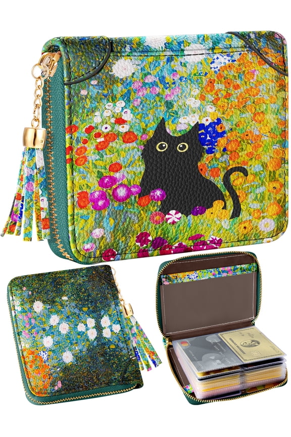 40 Slots Credit Card Holder for Women Girls Cute RFID Blocking Card Pretty Organizer Leather Cardholder for Female Size Big Zipper Wallet, Cute Cat