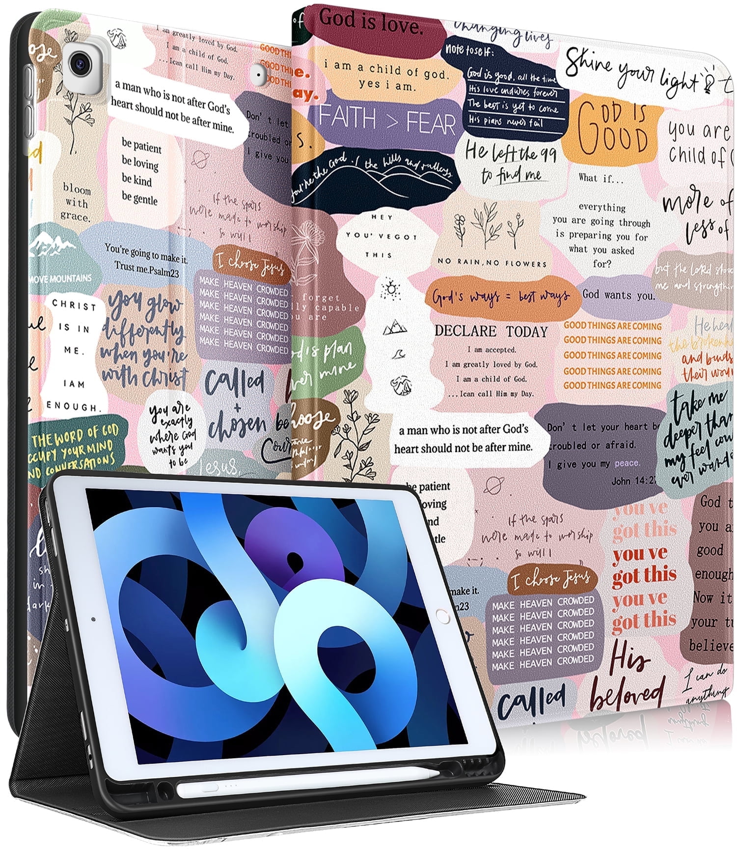 Gemfits Case for iPad 7/8/9 - Flexible Soft TPU Stand Back Cover with Pencil Holder, Auto Sleep/Wake, Active_Text