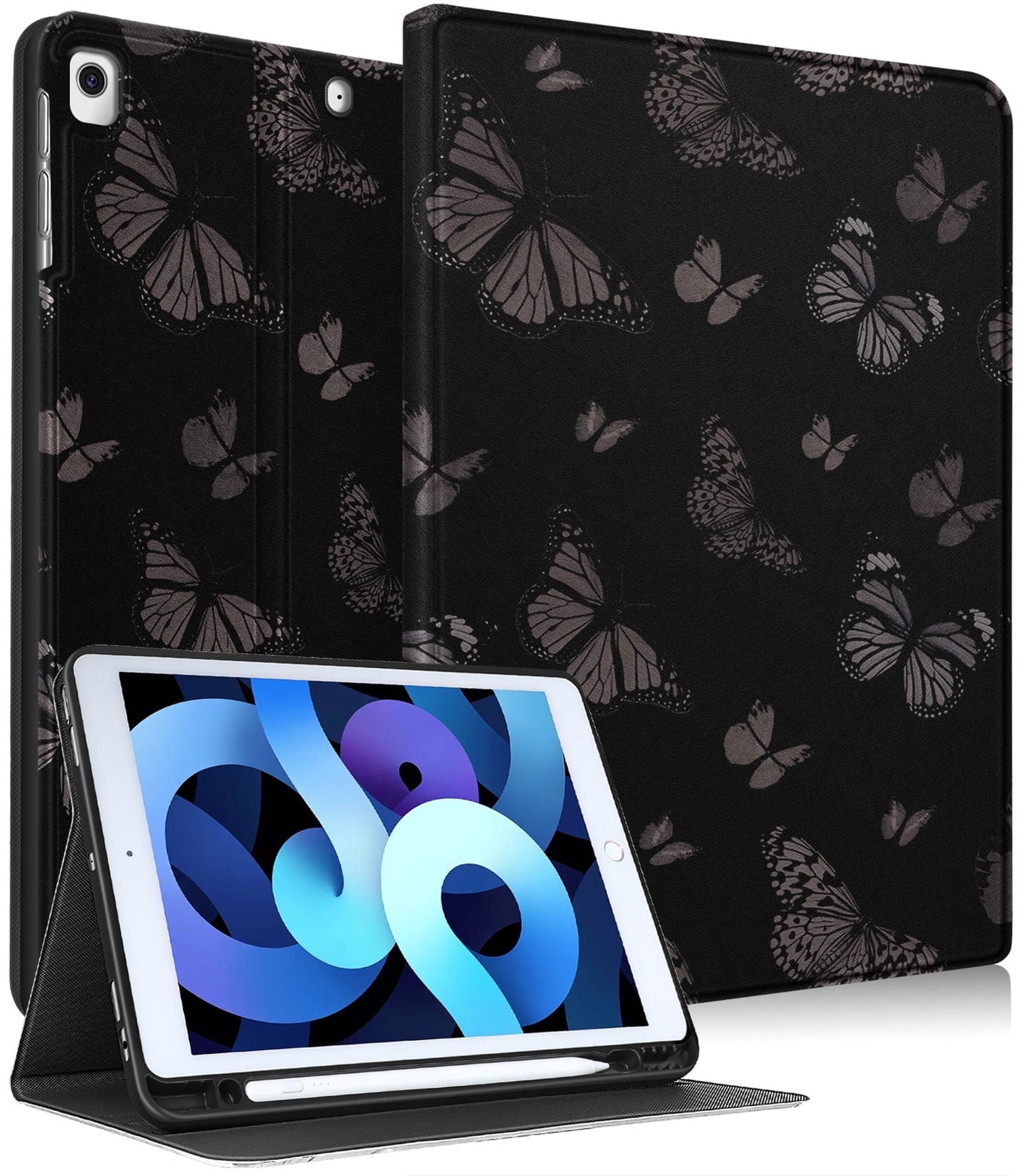 Gemfits Case for iPad 7/8/9 - Flexible Soft TPU Stand Back Cover with Pencil Holder, Auto Sleep/Wake, Black_Butterfly