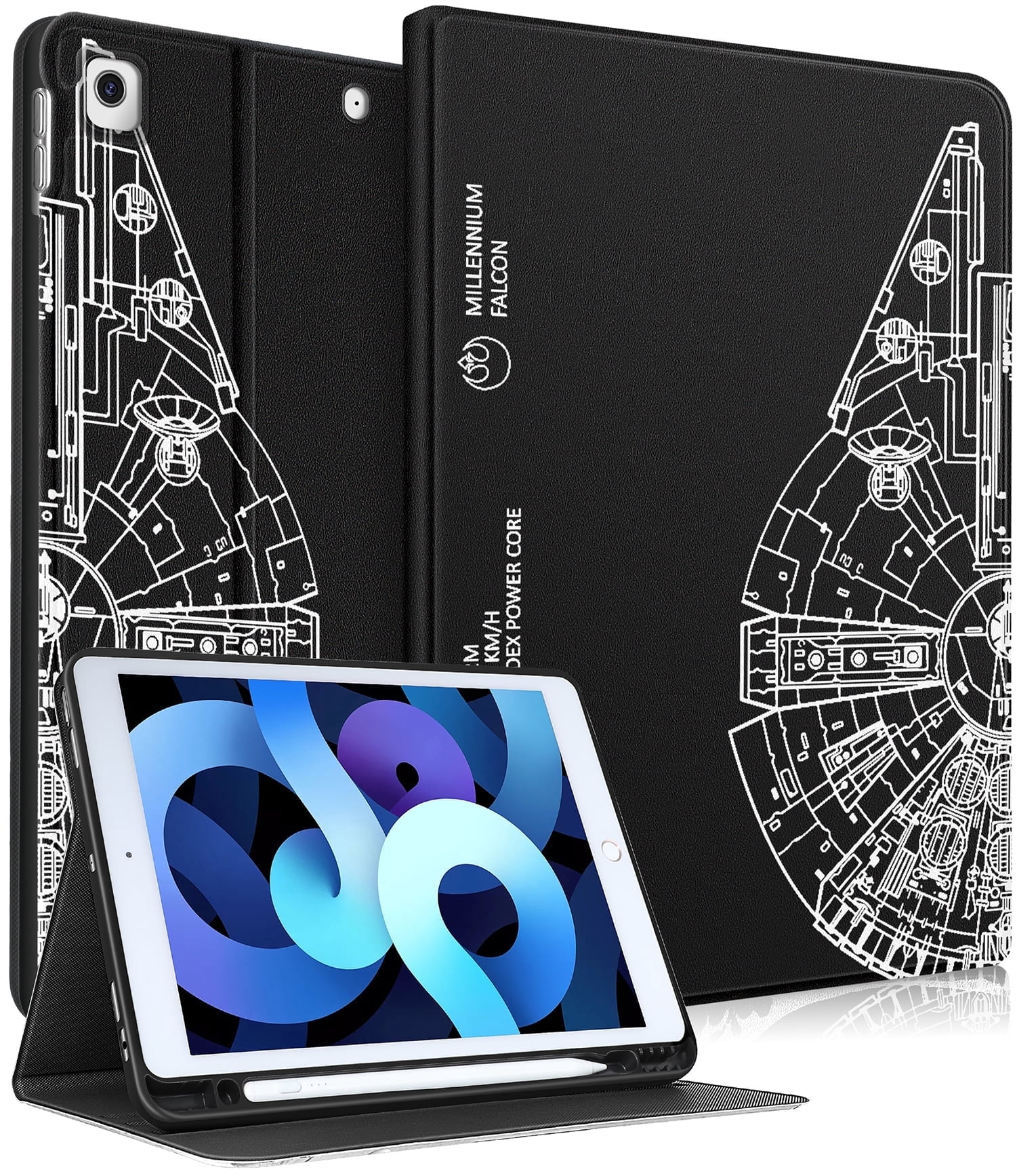 Gemfits Case for iPad 7/8/9 - Flexible Soft TPU Stand Back Cover with Pencil Holder, Auto Sleep/Wake, Black_Rotary_Gear
