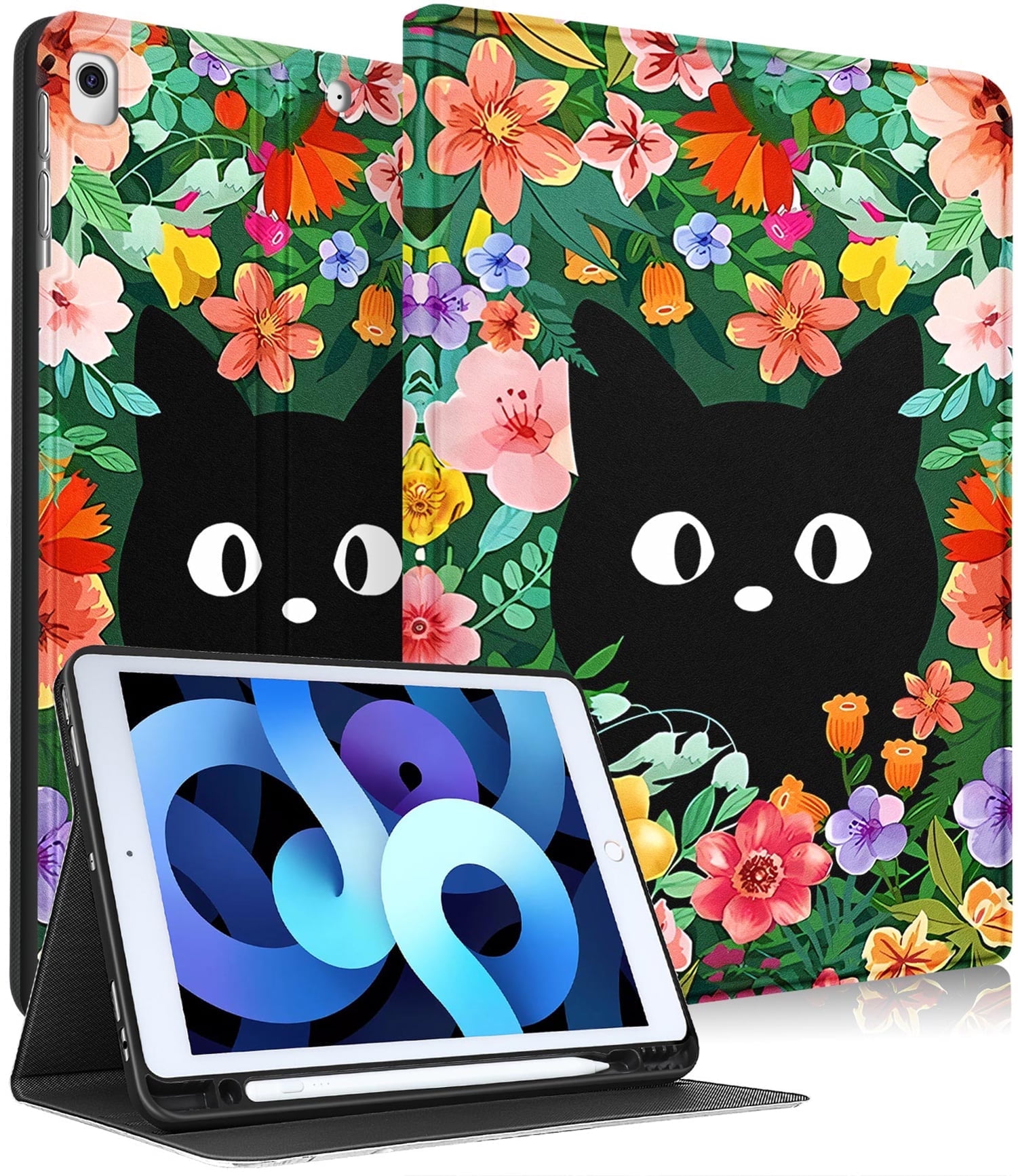 Gemfits Case for iPad 7/8/9 - Flexible Soft TPU Stand Back Cover with Pencil Holder, Auto Sleep/Wake, Cat-Flower