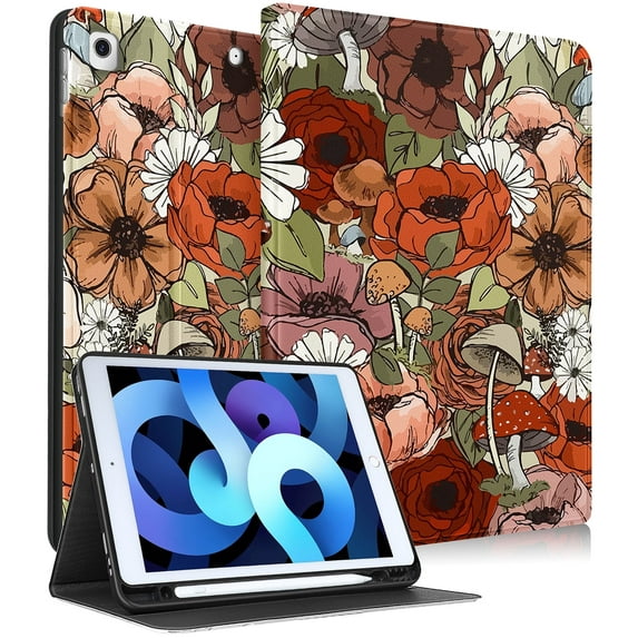 Gemfits Case for iPad 7/8/9 - Flexible Soft TPU Stand Back Cover with Pencil Holder, Auto Sleep/Wake, Floral-Mushroom