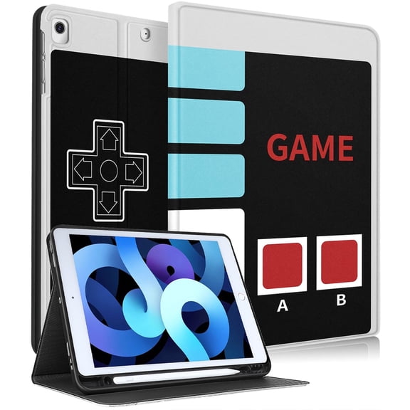 Gemfits Case for iPad 7/8/9 - Flexible Soft TPU Stand Back Cover with Pencil Holder, Auto Sleep/Wake, Game_Console