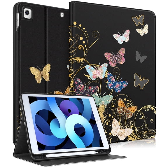 Gemfits Case for iPad 7/8/9 - Flexible Soft TPU Stand Back Cover with Pencil Holder, Auto Sleep/Wake, Glitter_Butterfly