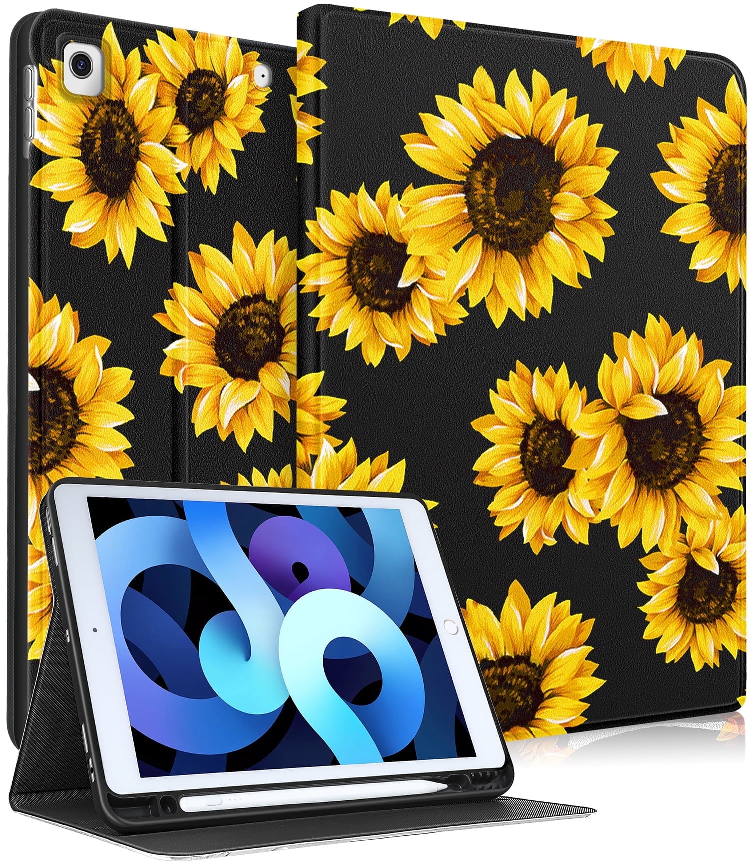 Gemfits Case for iPad 7/8/9 - Flexible Soft TPU Stand Back Cover with Pencil Holder, Auto Sleep/Wake, Sunflower_Leopard