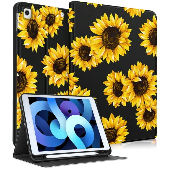 Gemfits Case for iPad 7/8/9 - Flexible Soft TPU Stand Back Cover with Pencil Holder, Auto Sleep/Wake, Sunflower_Leopard