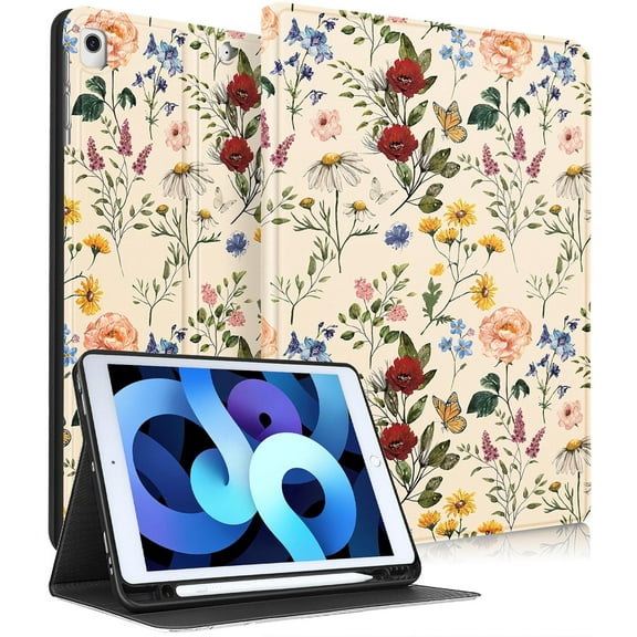 Gemfits Case for iPad 7/8/9 - Flexible Soft TPU Stand Back Cover with Pencil Holder, Auto Sleep/Wake, Vintage_Flower