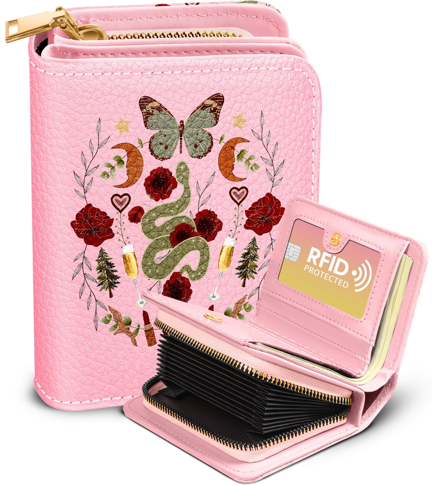 Women's Leather Accordion Wallet With RFID Blocking - Zip Closure, Multiple Card Slots (Green)