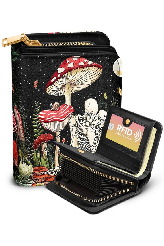 Credit Card Holder Wallet for Women Leather Accordion Purse RFID Blocking Zipper Around, Mushroom_Skull