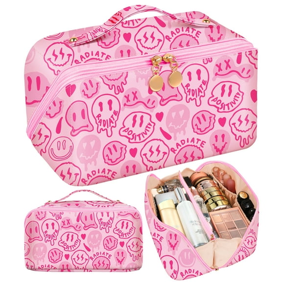 Gemfits Makeup Bag Travel Cosmetic Bag Make Up Bags Cute Women Girl Large Capacity Big Medium Leather Aesthetic Foldable Open Flat Zip, Funny Red Color Face