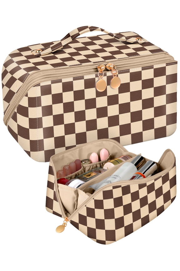 Makeup Bag Travel Cosmetic Bag Make Up Bags Cute Women Girl Large Capacity Big Medium Leather Aesthetic Foldable Open Flat Zip,Brown Plaid