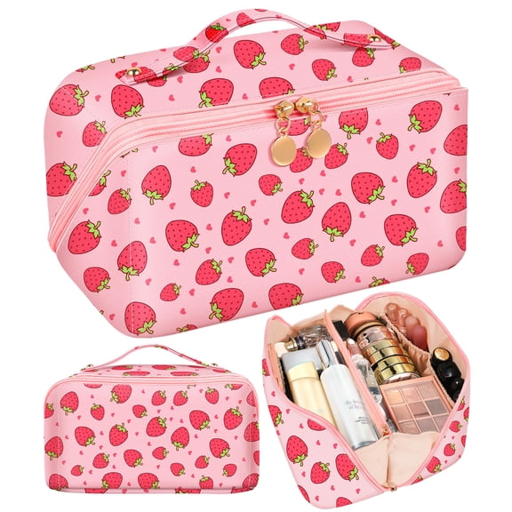 Gemfits Makeup Bag Travel Cosmetic Bag Make Up Bags Cute Women Girl Large Capacity Big Medium Leather Aesthetic Foldable Open Flat Zip, Strawberry