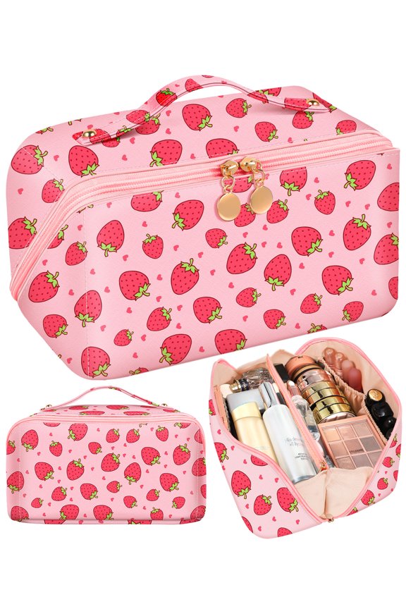 Makeup Bag Travel Cosmetic Bag Make Up Bags Cute Women Girl Large Capacity Big Medium Leather Aesthetic Foldable Open Flat Zip, Strawberry