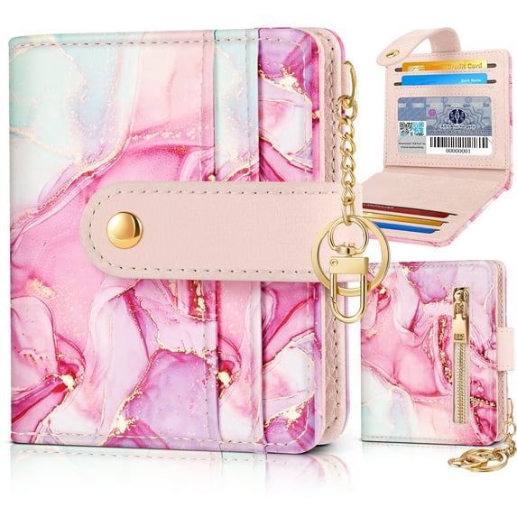 Gemfits Wallet Women Slim Cute Leather Thin Bifold Credit Card Holder Keychain Rfid Small Purse Ladies Girl Female Kawaii Girly Pretty Modern,Pink Marble