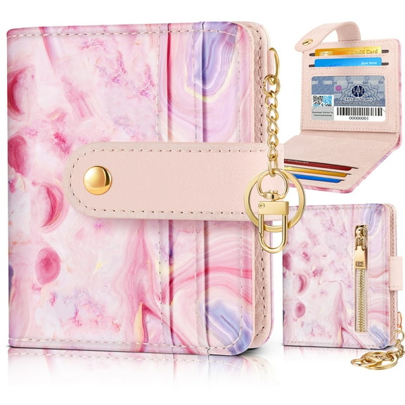 Gemfits Wallet Women Slim Cute Leather Thin Bifold Credit Card Holder Keychain Rfid Small Purse Ladies Girl Female Kawaii Girly Pretty Modern,Pink Stone