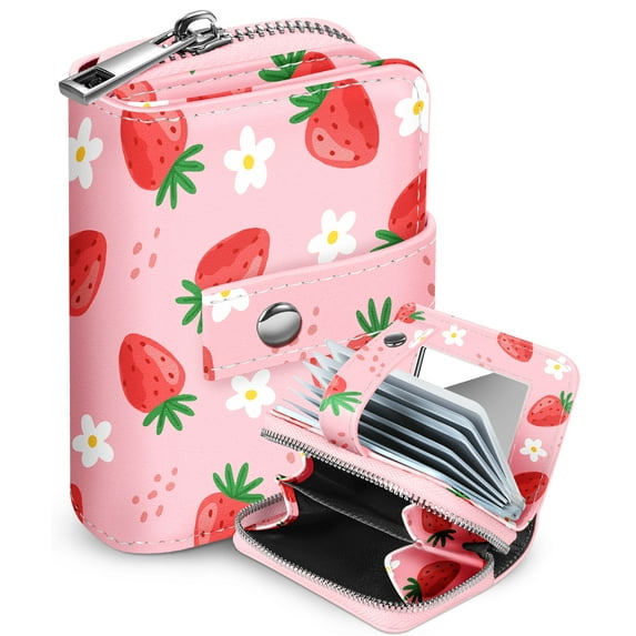 Gemfits Wallets Organizer Purse Girly Aesthetic Unique Zipper Credit Card Holder for Women Ladies Cute Small Teen Girls Female Rfid Leather,Strawber Floral