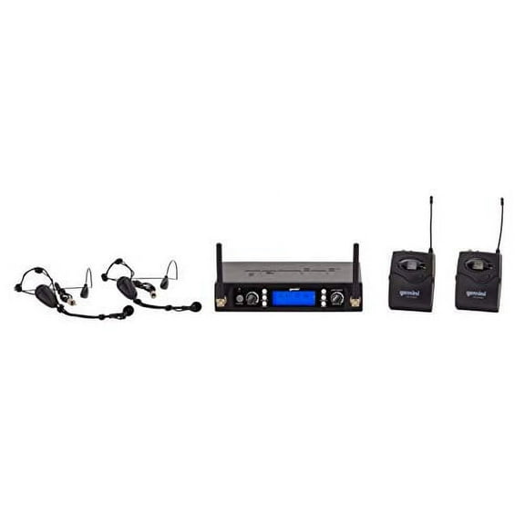 Gemini UHF Dual Channel Wireless Headset Lavalier Microphone System - Professional UHF Receiver with 2 Belt Pack Transmitters, 256 Selectable Frequencies, LCD Display, 240ft Range, Rack Mountable for
