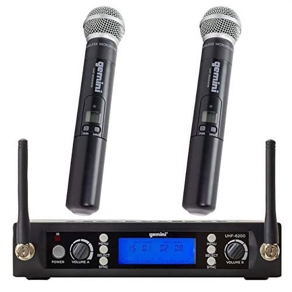 Gemini, 1 Portable Wireless Microphone System, Professional Handheld Long Karaoke Mic Set for DJ, Church, and Live Performance, 240 Ft. Audio Range with XLR Connector and LCD Screen, 2 (UHF-6200M-R2)