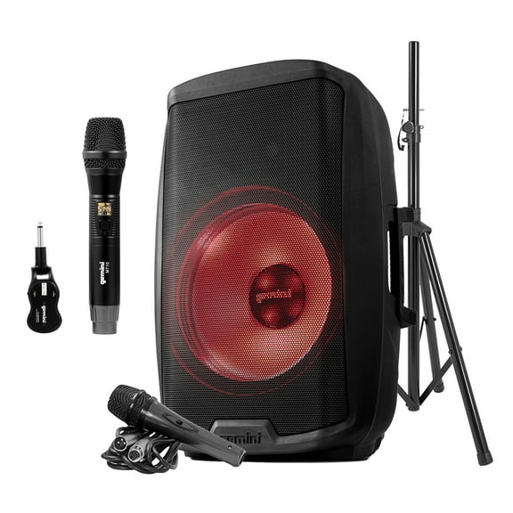 Gemini 2,000-Watt Active 15-Inch Multi-LED Bluetooth Loudspeaker with Stand and Wired Microphone & GMU-M100 UHF Single Wireless Microphone System, 843631170878