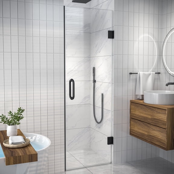 Valor Shower Door 24in.W x 72in.H Frameless Hinged Shower Door - Small Shower Door with Clear Tempered Glass Panel in Black