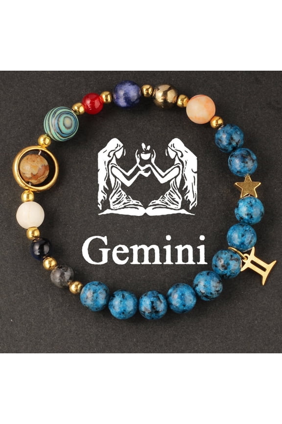Gemini 8 Planets Solar System Zodiac Beaded Bracelet, Natural Green Jasper Galaxy Birthday Gift for Women & Men