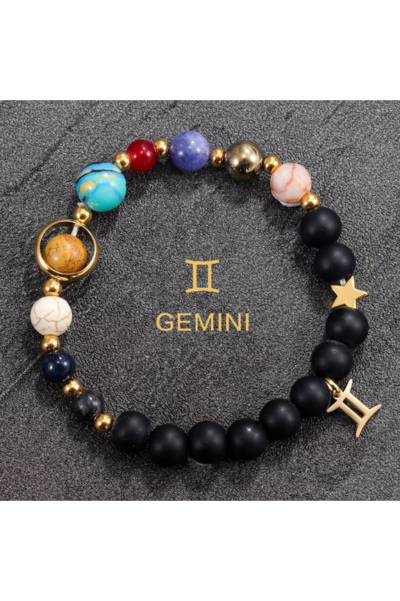 Gemini 8 Planets Solar System Zodiac Beaded Bracelet, Natural Stone & Black Glass Galaxy Birthday Gift for Women & Men