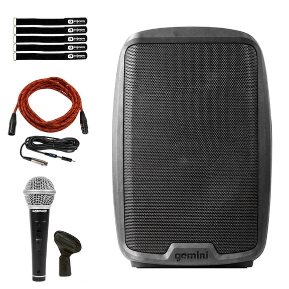 Gemini AS-2112BT Active 12" Speaker with Samson Handheld Dynamic Vocal Microphone & Red Cable Package