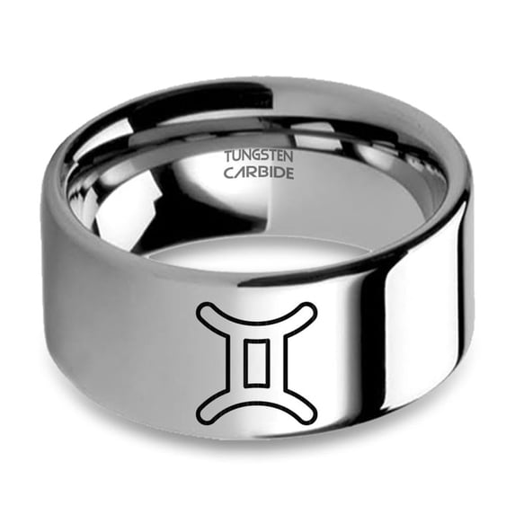Gemini Astrology Sign Engraved Silver Tungsten Carbide Ring, 10mm, Size 10