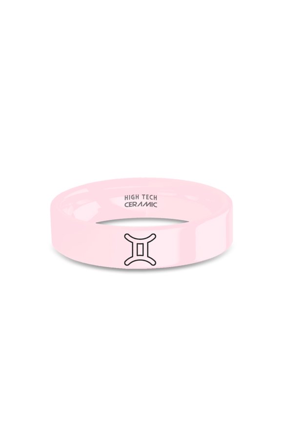 Gemini Astrology Symbol Engraved Pink Ceramic Wedding Band, 6mm, Size 11.5