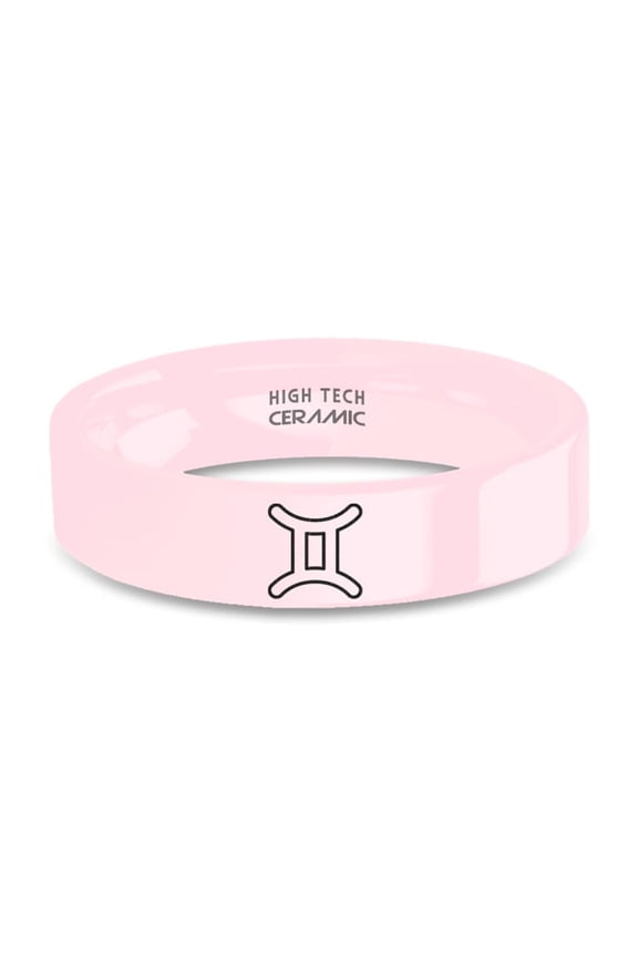 Gemini Astrology Symbol Engraved Pink Ceramic Wedding Band, 6mm, Size 9.5