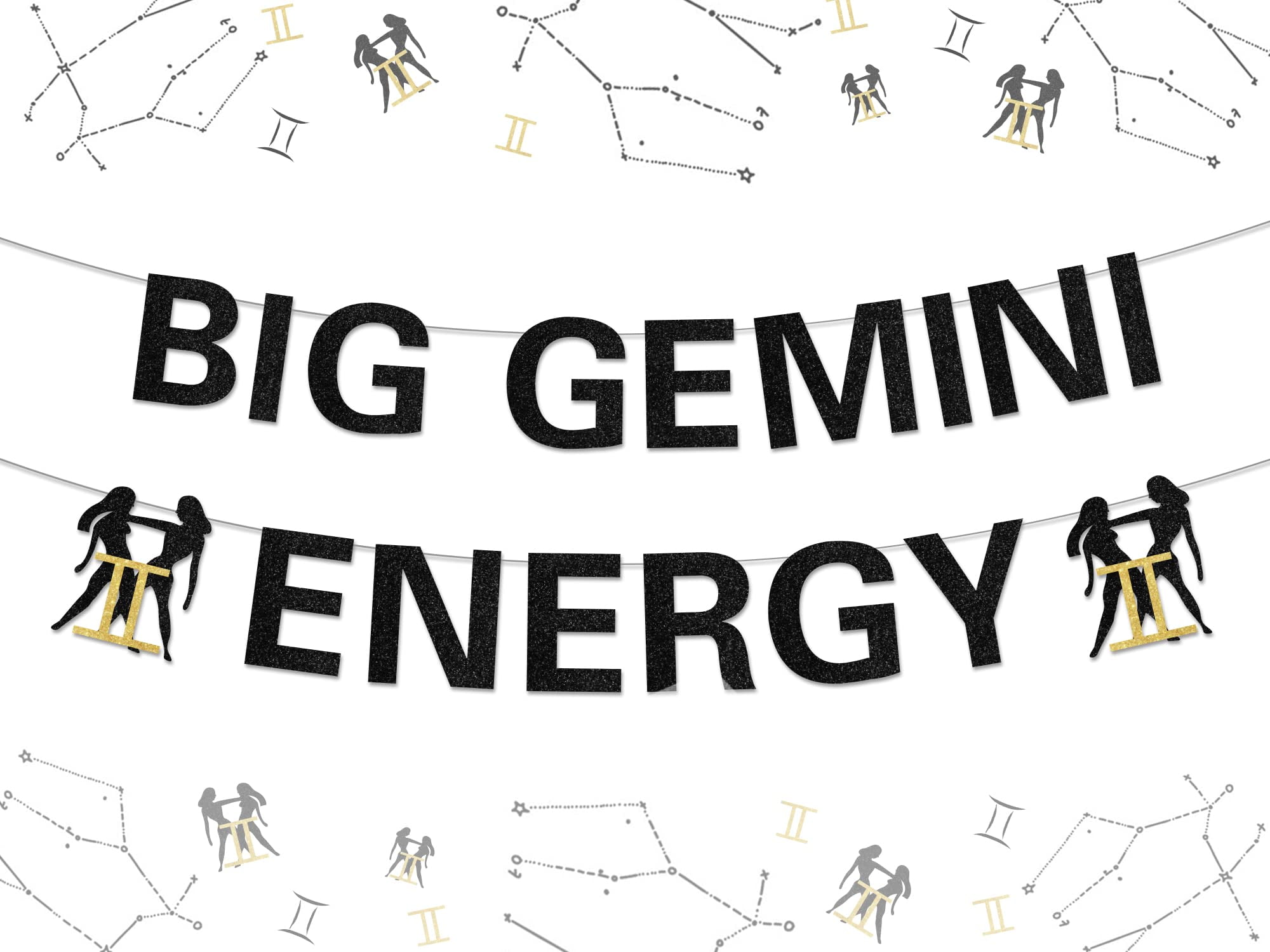 Big Gemini Energy Glitter Banner - Zodiac Birthday Decor, Black & Gold, 4.4 Ft Long
