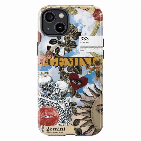 Gemini Collage Phone Case, Zodiac Aesthetic Artistic iPhone Cover, Astrology Skeleton Heart Design Protective Case for iPhone 16 15 14 13 12 11 Plus Pro Max Mini