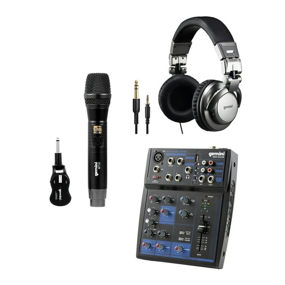 Gemini Compact Bluetooth Audio Mixer (GEM-05USB, 5 Channels) & DJX-500 Over-Ear Professional DJ Headphones, Black and Silver & GMU-M100 UHF Single Wireless Microphone System, 843631170908