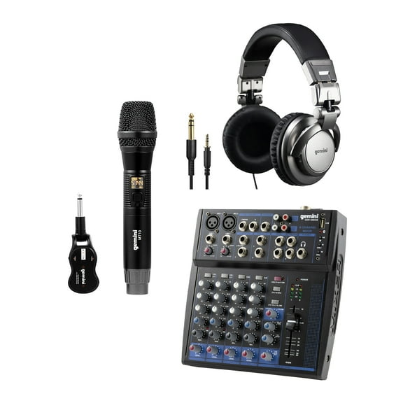 Gemini Compact Bluetooth Audio Mixer (GEM-08USB, 8 Channels) & DJX-500 Over-Ear Professional DJ Headphones, Black and Silver & GMU-M100 UHF Single Wireless Microphone System, 843631170915